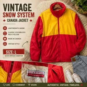 Vintage Snow System Canada Jacket Red Yellow Colorblock Hidden Hood Womens Large